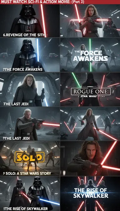 MUST WATCH Sci-fi & Action movie: (Part 3)
6.Revenge of the Sith
7.The Force Awakens
8.Rogue One: A Star Wars Story
9.The Last Jedi
10 Solo: A Star Wars Story
11.The Rise of Skywalker
Generate image and Convert to releted with movie photos with best quality