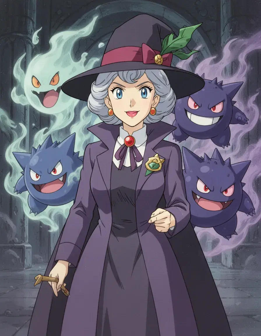 anime, 90ยดs anime, pokemon, 1girl, flat colors, flat shading, agatha young beautiful witch pokemon leader, ghost pokemon behind her, gengar, accurate details,
