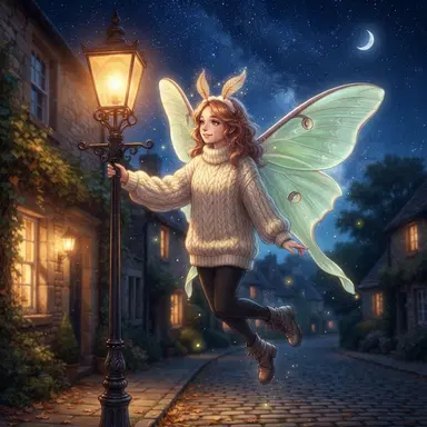 Moth girl original character with luna moth wings and cozy sweater by a glowing streetlamp on a starry night, digital illustration