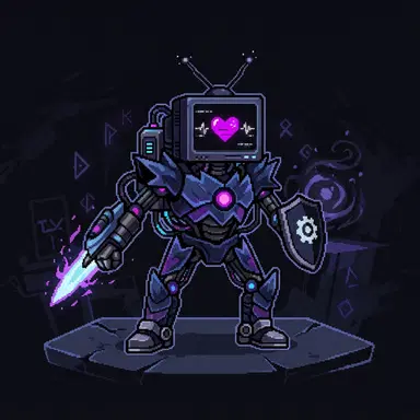 Deltarune dark world style OC, robot fighter with TV screen face showing pixel heart, Toby Fox game art style, dark palette, clean background