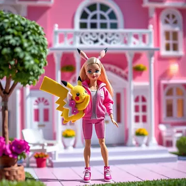 A high-quality fashion doll photography of Barbie standing in front of her pink Dreamhouse, she is holding a cute Pikachu. Barbie is wearing a stylish pink trainer outfit. Bright sunny lighting, 8k resolution, cinematic, miniature toy aesthetic, vibrant pastel colors.