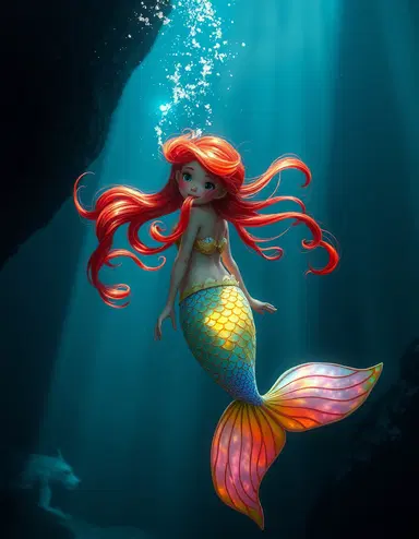a whimsical red-headed mermaid with a glowing rainbow tail, opalescent iridescent scales, submerged in an ethereal underwater atmosphere