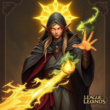 dnd character art of a elven mage, wearing sorcerer's robes, radiating power, glowing eyes, radiant halo, art nouveau style, league of legends character art, tcg art