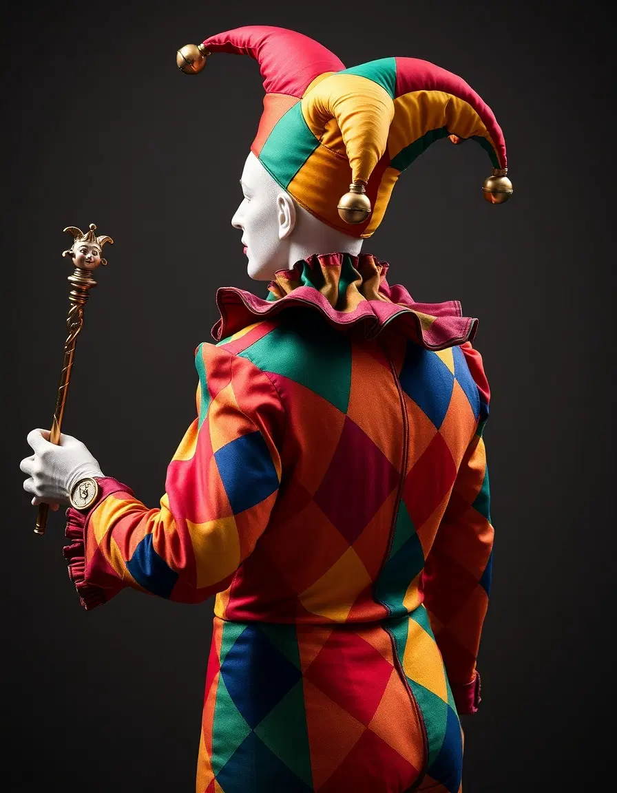 A dynamic scene showing the back and right-side view of a full figure of juggling Harlequin jester, clad in an opulent, vividly colorful motley costume. The fabric is adorned with classic harlequin diamonds in saturated hues—ruby reds, emerald greens, sapphire blues, golden yellows—stitched together in asymmetrical patchwork. The costume features exaggerated pointed shoulder panels and a cascading ruffled collar.
From this vantage, you glimpse the jester’s profile: a tilted head beneath a whimsical tricorn jester hat, with bell-tipped points that gleam with metallic sheen. The hat’s fabric echoes the diamond pattern, mixing colors in unexpected harmony.
Soft, ambient lighting accentuates the textures—the sheen of silk, the weight of velvet, the metal of the bells. The jester holds a marotte (fool’s scepter) in their outstretched hand, crafted with a miniature jester head wearing a matching cap. The background remains neutral and softly blurred, keeping full focus on the expressive silhouette, richly patterned fabric, and playful yet mysterious character.
Key visual elements to convey:
Perspective: from behind and to the right side, showing the shoulder line, back of the head, hat profile, and jester’s gesture.
Color palette: bright luminous primary and secondary jewel tones.
Texture & detail: diamond patchwork, ruffs, bells, marotte props.
Atmosphere: theatrical, slightly mysterious, vibrant yet refined.
Optional stylistic modifiers: intense theatrical lighting, high detail realism, cinematic mood, photographic hyper-realism.