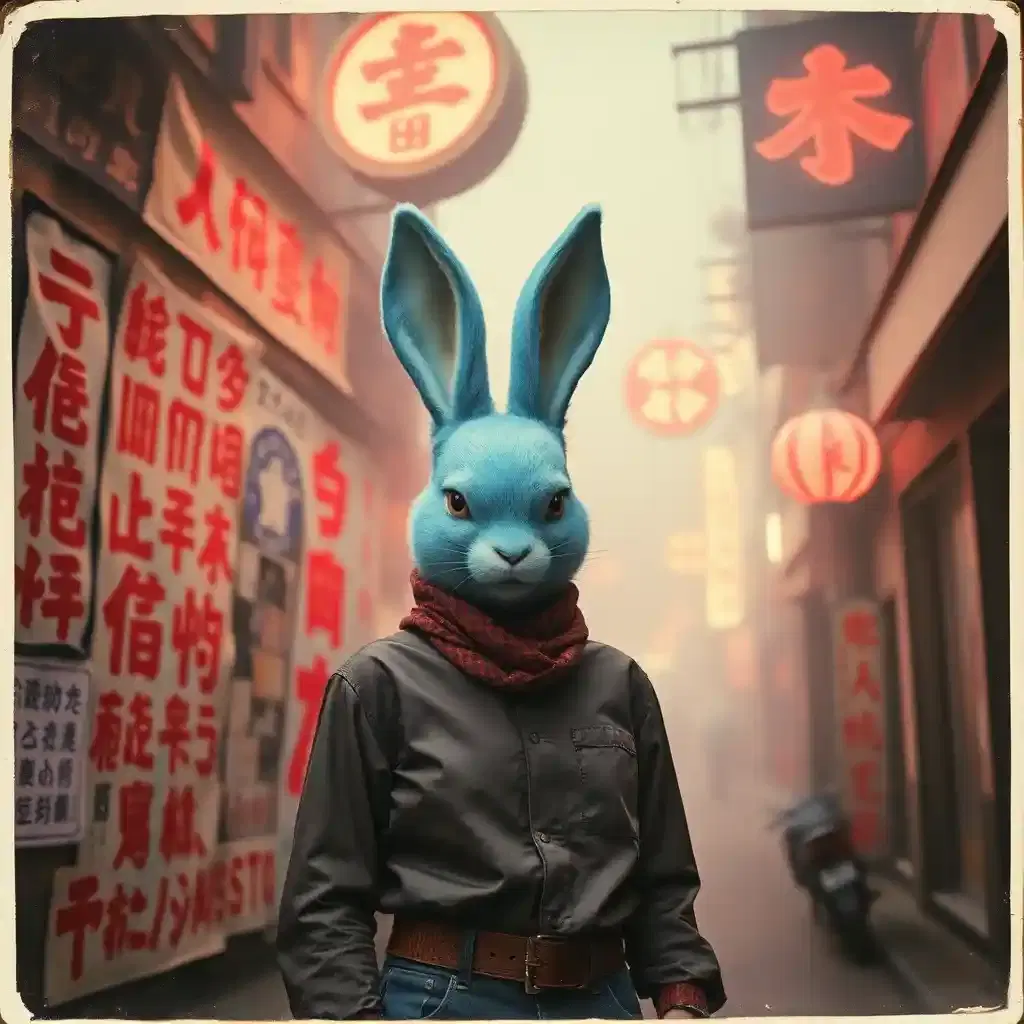 Grungy vintage vintage retro photo from early 1980s, worn faded blurred weathered bleak. A soft natural female furred blue rabbit punk stands in front of a Shinto graffiti wall. The wall is covered in red and blue Shinto rabbit graffiti, incantations, and summoning seals. Charms, bells, banners, and artifacts add to the chaotic atmosphere. The image has a vintage Polaroid style, showcasing the intense and menacing vibe of the scene. Mystic patterns enhance the enchanting and mysterious feel of the city location where magic and darkness intertwine. The low-resolution grainy image captures a moment from the 1980s Japanese bunny nightlife, with muted colors and dreamlike lighting. A Japanese Yakuza bunny biker with a cute rabbit face is featured in a mysterious, foggy old Shinto district with faded neon signs, creating an eerie yet enchanting atmosphere. The old photo shows a Japanese yakuza gang wearing cute bunny masks in a city filled with neon Shinto signs, rabbit graffiti, and symbols. The spooky wall is covered in red and blue rabbit symbols, incantations, and charms, creating a mystical ambiance.