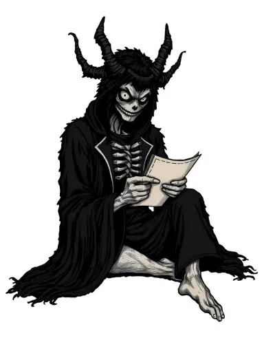 ryuk, le dieu de la mort de la série death note, est représenté dans un style estampe japonaise/gashadokuro avec une texture fibreuse. il porte son habit noir caractéristique avec des fibres apparentes qui évoquent un tissu tressé ou une corde naturelle. la lumière joue sur les fibres, créant des ombres subtiles qui ajoutent de la profondeur à l'image. ryuk est assis dans une position décontractée, avec une feuille de death note à la main, son regard fixé sur l'observateur avec une expression amusée et légèrement menaçante. l'arrière-plan est simple, laissant l'attention se concentrer sur ryuk et sa texture fibreuse unique.