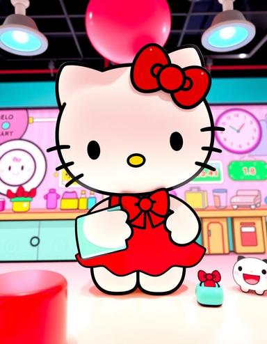 sanrio's beloved hello kitty character, with her iconic red bow and adorable facial expression, is the central subject, surrounded by a bright and colorful environment that reflects her cheerful and playful personality, with bold lines, pastel colors, and cute accessories that embody the kawaii aesthetic of the sanrio universe.