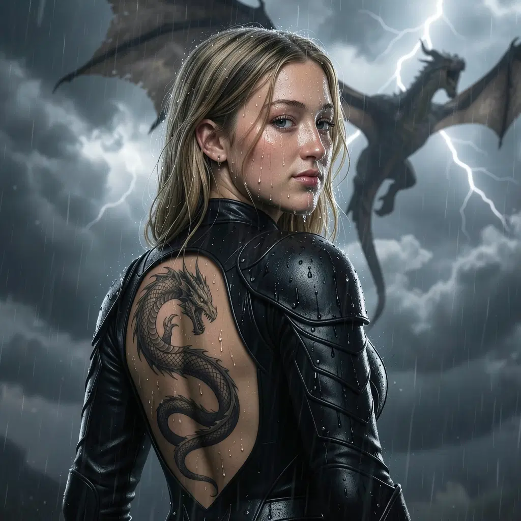 image 1 is vara. vara: (use provided reference image for likeness, maintaining hair, eyes, skin tone, body type, and any visible clothing or accessories as in the reference) a high‑resolution 4k portrait of vara from the back, looking over her shoulder. she wears sleek black leather armor with an open back, exposing a large, detailed sick dragon tattoo that spans her entire back. rain pours in the scene, with vivid water droplets cascading down her face and dripping onto the armor. in the background, her dragon soars in the distance, its wings outstretched against a dramatic stormy sky, with jagged bolts of lightning striking above it, adding a dramatic, moody atmosphere. the lighting is cinematic, with sharp contrasts between the illuminated dragon, the glint of rain on her skin, and the dark, brooding sky. the composition is clean and focused on vara, showcasing her powerful silhouette and the intricate tattoo.