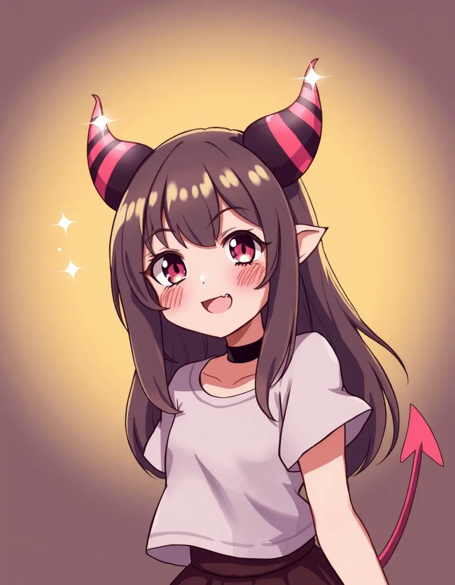 a playful, anime-style demon girl with an endearing smile and distinctive shiny, sparkling horns