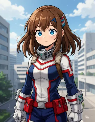 A brown haired My hero academia girl with blue eyes wearing a hero costume