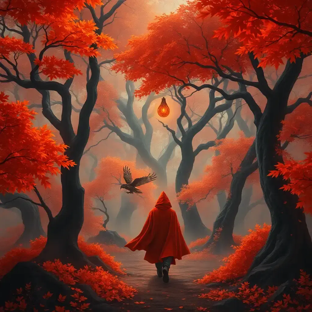 "an impassioned, fiery autumn mansion forest erupts in a kaleidoscope of vibrant colors. blazing, golden-red leaves explode and combust into the sky, casting a scorching orange-gold glow across the landscape. incendiary whispers emanate from the ancient, charred trees, their bark etched with throbbing, lava-red runes that pulse with an infernal heartbeat. a lone, fearless adventurer in a blazing, orange-crimson cloak walks boldly through a smoldering, fiery fog, guided by a blazing spirit orb that soars above like a blazing comet. fiery owls with glowing embers for eyes watch from the blazing branches as hybrid creatures—a fusion of hellish deer and blazing phoenixes—demonstrate a frenzied dance amidst the burning trees. flames of excitement and anguish dance in the charged, combustible air, where scattered embers and bursting fire explode with an untamed, mystical vigor, summoning visions of a long-lost world where reckless, burning enthusiasm reigned supreme."