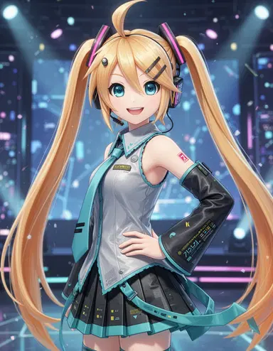 Vocaloid, Kagamine Rin, smiling, hand on hip, front profile, looking at viewer, standing in front of viewer, 8k resolution