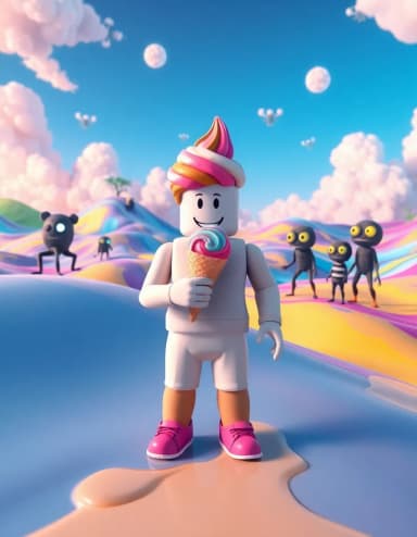 a roblox ice cream character, wearing a smile, standing in the middle of a vibrant, surreal landscape with rolling hills of melted ice cream, surrounded by bizarre creatures, each with glowing eyes and mismatched limbs, and a family of weird beings, resembling a cross between a cloud and a tree, watching in wonder as the character enjoys a colorful, swirly ice cream cone.