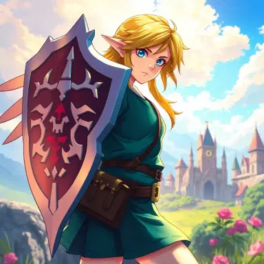 Visual Style: Magnificent Anime, Genre: Fantasy, Subject(s): Zelda from The Legend of Zelda, Time Period: Fantasy, Color: Vibrant, Aspect Ratio: 16:9, Format: Digital, Frame Size: 4K, Lens Size: 35mm, Composition: Dynamic, Lighting: Dramatic, Lighting Type: Mixed (Natural and Magical), Time of Day: Daytime, Environment: Fantasy Landscape, Location Type: Hyrule, Set: Majestic, Camera: Digital Art Software, Lens: Digital Brush, Film Stock / Resolution: High Resolution, Tags: Magnificent Anime, Fantasy, Vibrant Colors, Zelda, The Legend of Zelda, Perfect Shield, Perfect Outfit, Hyrule, Fantasy Landscape, Majestic, Daytime