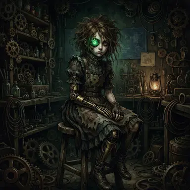 Creepypasta style OC, clockwork girl with one glowing green mechanical eye and messy hair, eerie workshop, digital art, no gore, dark atmosphere