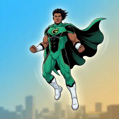 original superhero hovering mid-air, emerald green and black two-tone suit, bold flat comic book style