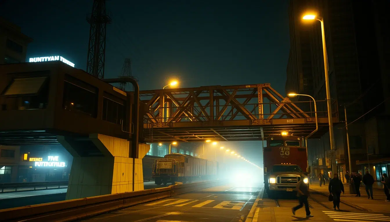 cinematic realism, photorealistic film still with a night scene in midtown featuring an old, dirty, and highly detailed industrial bridge. visible are freight trains evoking an 70s aesthetic. the low lightapproximately 20 poeple riot