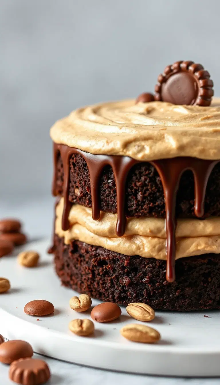 Chocolate cake layered with creamy peanut butter frosting, chocolate drip, peanut butter cups, roasted peanuts, rich dessert styling, realistic food photography.