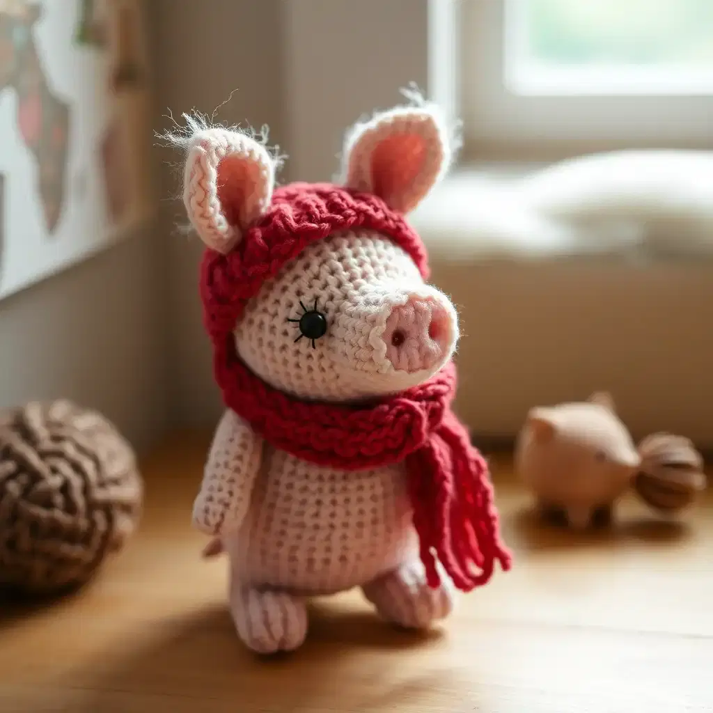 knitted pig with scarf