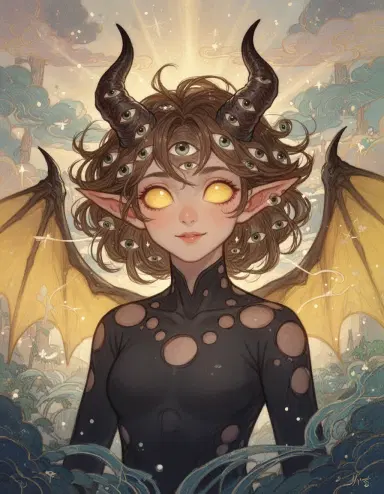 anthropomorphic demon-like character with large yellow eyes, dark horns, brown hair patterned with eyes, yellow wings, dark form‑fitting garment with circular cutouts, close‑up portrait, blissful escapism, lush exaggerated colors, glowing carefree light, impossible dreamy background, delicate digital brushstrokes, soft diffused lighting, vibrant palette, japonisme‑western style, asymmetric composition, bold outline, flat color areas, calligraphic organic forms