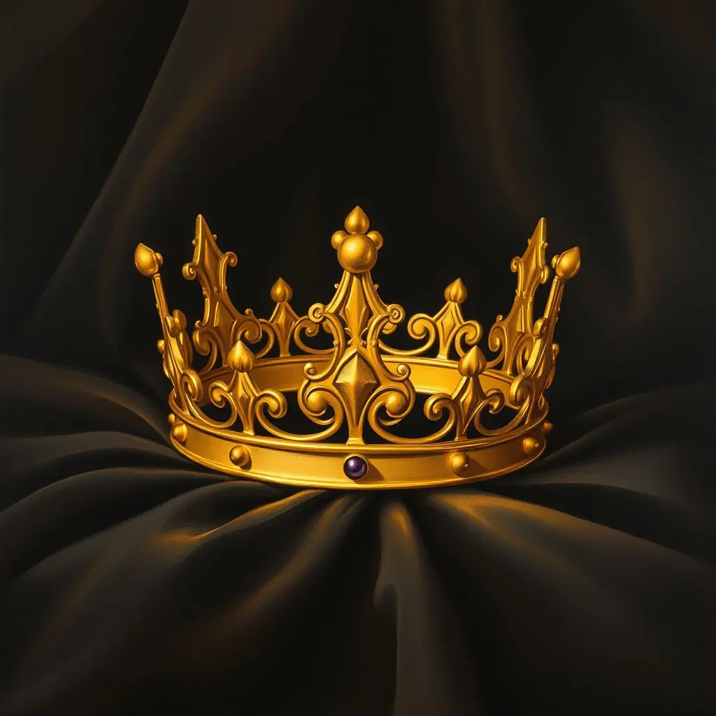 Elegant oil painting of a golden crown resting on black velvet fabric, soft glow, royal yet minimal aesthetic, centered composition, luxury art vibe.