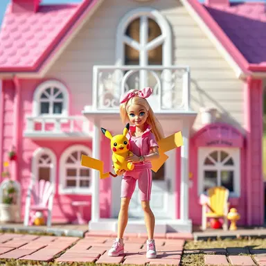 A high-quality fashion doll photography of Barbie standing in front of her pink Dreamhouse, she is holding a cute Pikachu. Barbie is wearing a stylish pink trainer outfit. Bright sunny lighting, 8k resolution, cinematic, miniature toy aesthetic, vibrant pastel colors.