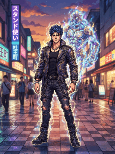 a poised human figure crackling with faint aura, a ghostly humanoid Stand flickering just behind their shoulder, in the style of Jojo Stand, faithful to its official art style, vivid saturated colors, full-body character portrait, centered, relaxed lively stance