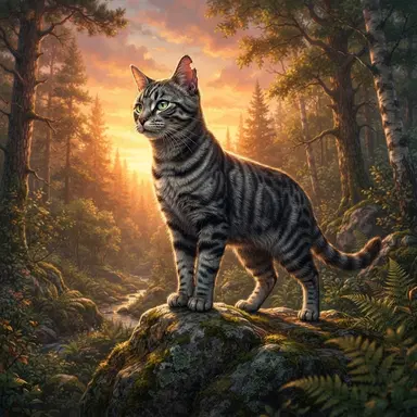 Original feral cat character, warrior cats inspired style, silver tabby with torn ear and green eyes on a mossy rock at sunset