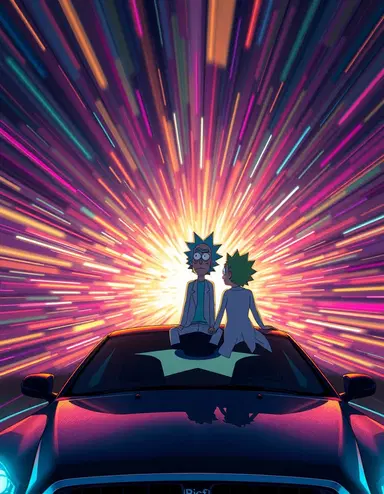 rick and morty sitting on the hood of a car at night, staring up at an exploding psychedelic sky with a dynamic zoom burst effect, intense radial motion blur emanating from the center, streaked light trails and vibrant chromatic aberration, smooth vector-like cartoon rendering, intense neon contrast, surreal sci-fi fantasy, highlighted clarity of rick and morty amidst blurred peripheral elements, creating a vortex-like visual impact, rick and morty art style