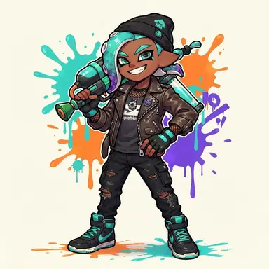 Splatoon game style octoling boy OC with teal tentacle hair and leather jacket, Nintendo Splatoon official art style, ink splatters, clean background