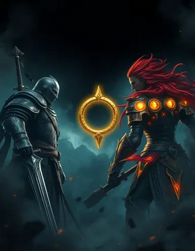 A dark epic fantasy game banner for website slider, featuring a Dark Souls knight in worn armor with sword on the left, and an Elden Ring warrior with golden glowing armor and red flowing hair on the right. In the middle a glowing Elden Ring symbol in the sky. Dramatic, cinematic lighting, dark stormy atmosphere, ultra-detailed, 4K, digital art.