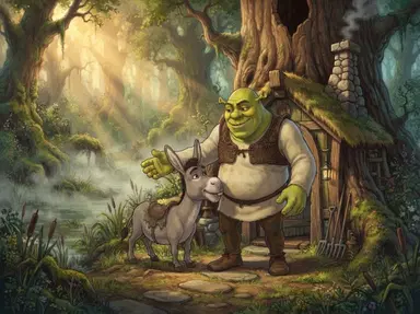 Big burly green ogre with bald green head, trumpet‑shaped ears, thick brows and a warm crooked grin, wearing his rough cream tunic, brown leather vest, dark patched trousers and worn leather shoes, stands in the same mist‑shrouded swamp clearing as sunrise filters through trees, a friendly gray donkey with floppy ears, bright eyes and a little tattered saddle appears beside him, the ogre extends a hand toward the donkey while the donkey nudges his leg, soft warm sunlight catches the swamp’s mist, character art style, clean composition Render it in a vibrant storybook animation style — expressive cartoon proportions, painterly texture, rich warm colors, soft cinematic lighting, fairy-tale mood. Not photorealistic, not a photograph.