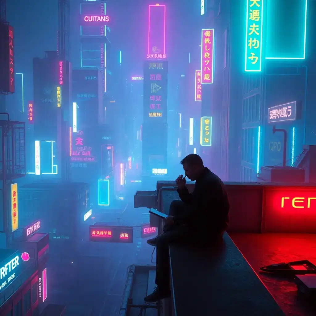 a cyberpunk city, a bleak, sad man sitting on the edge of a rooftop surrounded by a maze of intensely vibrant, a sea of even more dazzling neon that seems to pulse with every fading breath of the smoldering cigarette, **so much more neonnnn**.