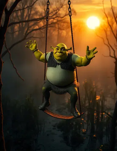 shrek balancing on a trapeze in a sunset-lit swamp, rich warm tones illuminating the ogre's green skin and the rusty metal of the trapeze, golden light casting long shadows across the misty evening landscape