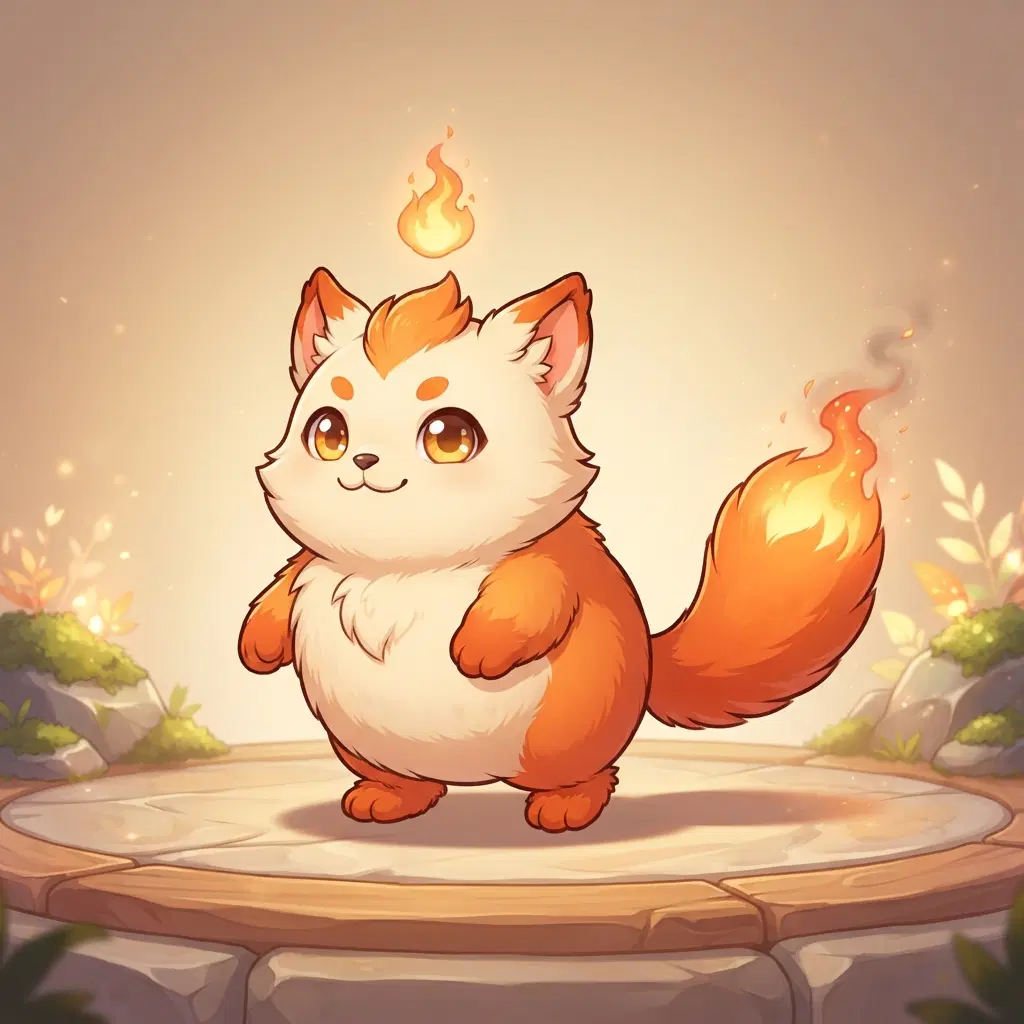 Cute monster-taming game art, full body, original small round fire creature with ember-tipped tail, cream and orange fur, big amber eyes, tiny flame floating over its head, cel shaded