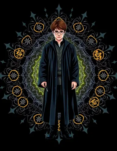 a vector png of harry potter in a radial composition with outward elements.
harry potter stands at the central focus, wearing his iconic wizard robes, his wand in hand. radiating outward from his body are intricate patterns of swirling stars, mandalas, and glowing hogwarts crests.