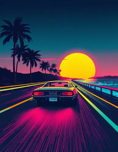 Retro 80s synthwave art, a classic sports car driving on a coastal highway towards a glowing neon sunset, palm trees silhouetted, in a futuristic retro font, suitable for a dark t-shirt, high resolution, detailed vector illustration.