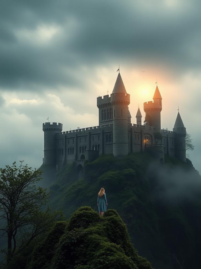 You didn't provide the original prompt. However, I can still help you create a new prompt that captures the essence of the "Mood" aesthetic you described.
Here's a possible prompt:
"A young woman stands at the edge of a misty, overgrown cliff, with a grand, ancient castle in the background. The castle's towers are covered in vines, and its stones are weathered by time and nature. The sky above is a deep, foreboding grey, with clouds that seem to stretch on forever. A faint, golden light filters through the gaps in the clouds, illuminating the woman and the castle in a soft, ethereal glow. The air is quiet, except for the distant call of birds and the rustling of leaves in the gentle breeze. The woman's presence seems small compared to the vast, majestic landscape, yet she appears to be a part of it, connected to the natural world around her."
This prompt aims to evoke a sense of awe and wonder, while also conveying a sense of nostalgia and humility. The overgrown, ancient castle and the misty, natural landscape create a sense of forgotten grandeur, while the young woman's presence adds a touch of human scale and emotional connection to the scene. The soft, natural light and the distant sounds of nature help to create a peaceful, contemplative atmosphere.
Let me know if this prompt captures the essence of the "Mood" aesthetic you had in mind, or if you'd like to make further adjustments!