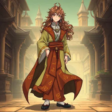 full‑body original character (oc) in anime‑style illustration, academic fantasy scholar in a flowing robe, embroidered with glowing runes, high‑collared shirt, wide sash, long wavy hair, pendant, ancient tome, set in a fantastical university courtyard; vibrant linework, expressive anime features, dynamic pose. avocado green, harvest gold, burnt orange, warm brown palette, softly faded. avocado green, harvest gold, burnt orange, warm brown palette.