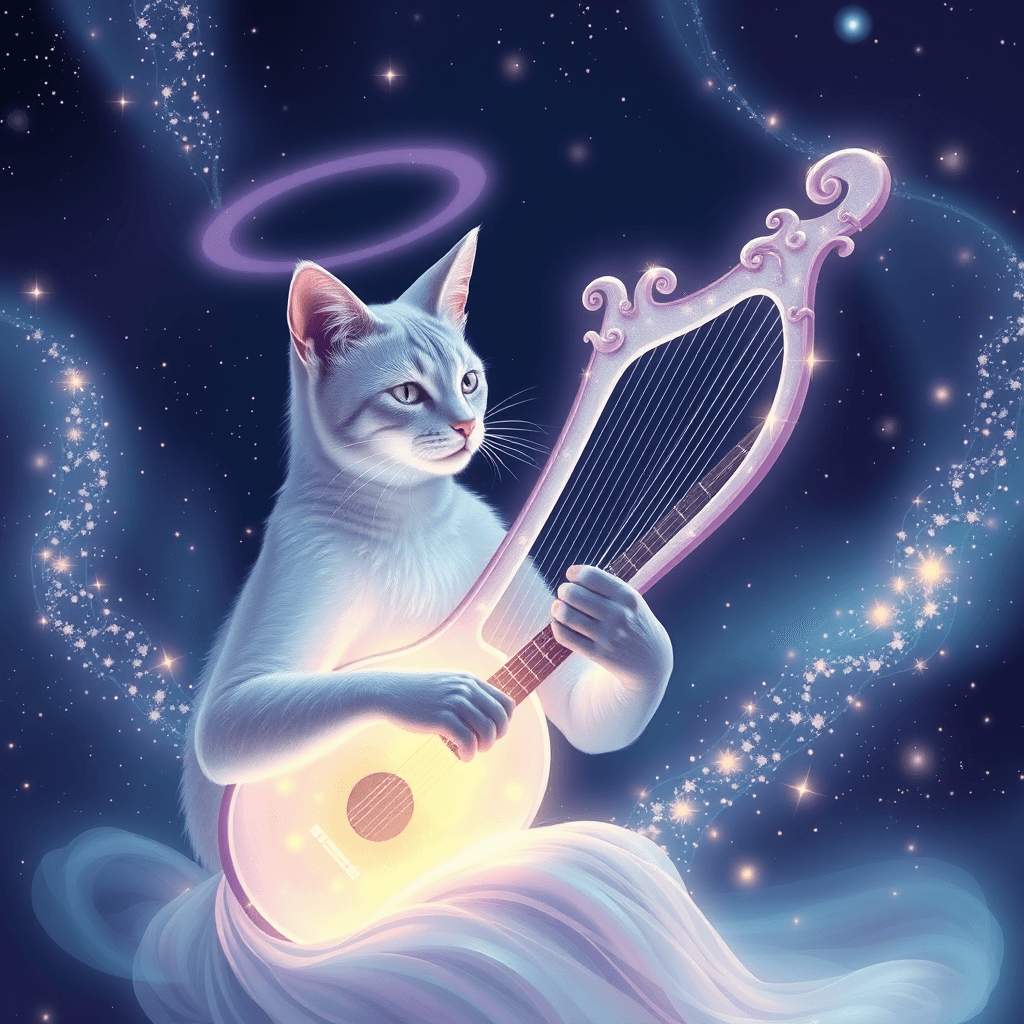 Step into an enchanting dreamscape where the graceful 'Melodia' strums the glowing strings of an ethereal lyre. Each note sends ripples through the air, transforming into a mesmerizing aurora of glittering lights. Engulfed in a pastel lavender halo, her feline elegance brings the night to life with a riveting concert that echoes through the cosmos.