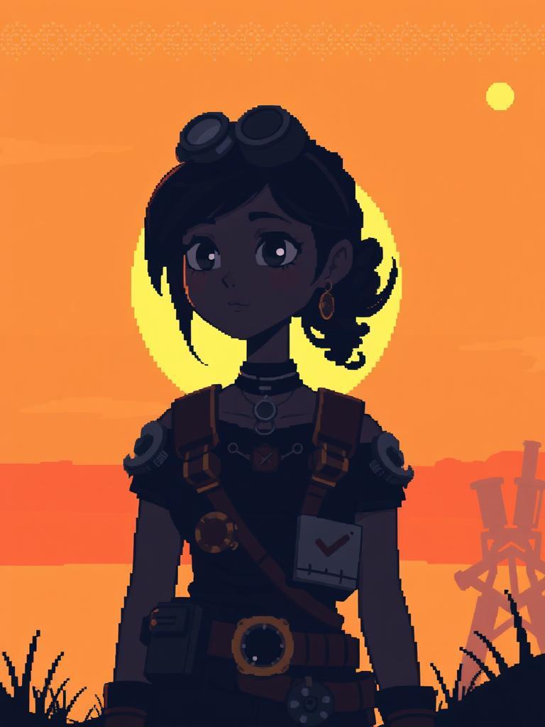 A young steampunk woman stands at sunset. She is dark against a soft, golden sky with orange and pink. The sun shines on her gadgets and clothes, but her face is in shadow. She looks quiet and thoughtful. The golden light makes a soft glow around her, with warm shadows. It's a peaceful scene.
In pixel art style, with small squares and bright colors. The woman and gadgets are blocky, but fun to look at. The sky has simple, pretty patterns. The whole scene feels happy and old-school, like a classic video game.