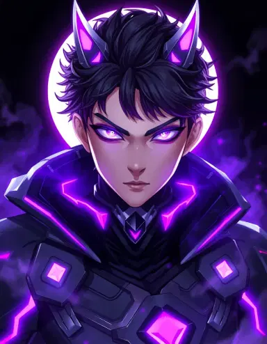 Epic digital anime avatar portrait of a master hunter named "AnaFong", class "Mago de las Sombras", character level 1. Highly detailed, looking forward, glowing bright purple eyes, sharp anime features, dark cyber-armor with intricate neon trims. Shrouded in a heavy "carmesΓ" mist aura. Highly polished anime key art style, solo leveling signature illustration, digital painting masterpiece, high contrast obsidian background.