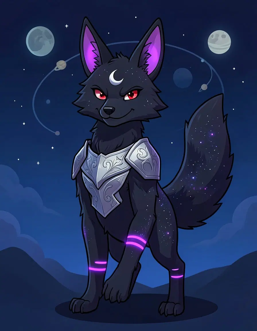 Original dark-type fox fakemon, a pokemon OC: midnight-black fur speckled with stars, silver crescent-moon mark, glowing violet rings, engraved silver armour, galaxy tail, under a night sky with orbiting moons. Flat cel-shaded monster-taming game art, bold clean outlines.