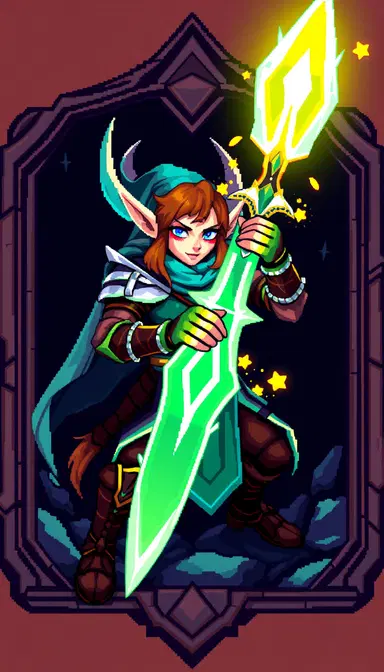 pixel art fantasy card game character, brave elf warrior, holding glowing sword, retro 16-bit style, detailed pixel art, game card frame, RPG card design, dark fantasy background, vibrant colors, high detail pixel, classic video game style