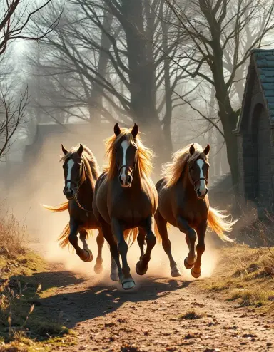 beautiful horses running in the middle hearth of the lord of the rings, with Aragon and Legolas the elf