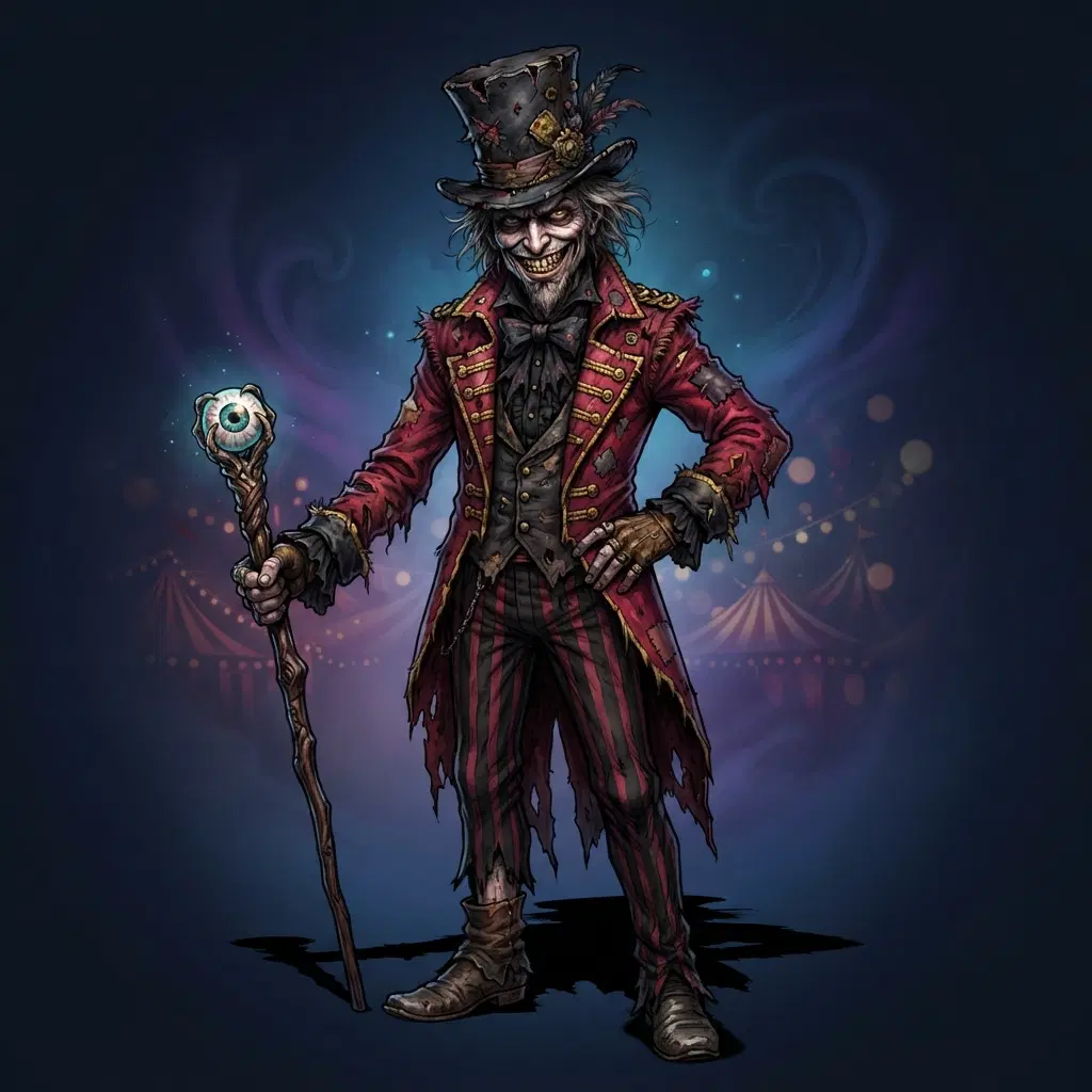 original character: a sinister ringmaster in a tattered crimson tailcoat and battered top hat, wide unsettling grin, holding a cane topped with a glass eye, dark carnival storybook illustration, candy-stripe and shadow palette, clean soft gradient studio background, vibrant, crisp high detail, digital illustration