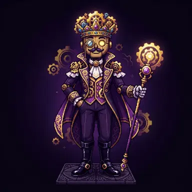 Deltarune dark world style OC, elegant clockwork duke with gear crown, Toby Fox game art style, dark purple and gold palette, clean background