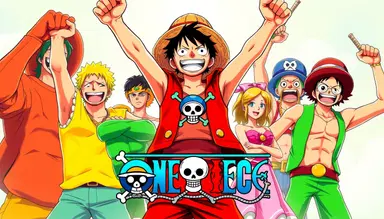 Dynamic anime-style illustration of Monkey D. Luffy in red vest and straw hat, arms raised triumphantly, surrounded by vibrant One Piece crew members including Zoro, Nami, Chopper, Robin, and Usopp in celebratory poses. Bold βONE PIECEβ logo with skull emblem centered below. Bright saturated colors, energetic composition, manga art style, high contrast, expressive character designs, celebratory mood, detailed background elements, 85mm lens effect, vivid lighting.