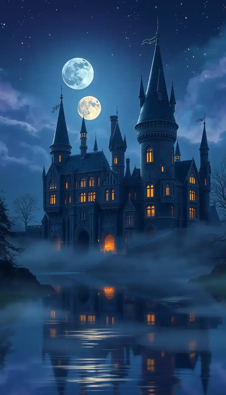 A magical castle on a quiet night inspired by Hogwarts School of Witchcraft and Wizardry, glowing windows, warm candle lights, moon shining in the sky, stars everywhere, mist around the castle, peaceful lake reflecting the castle, dreamy fantasy atmosphere, cozy bedtime vibe, soft blue and purple colors, cinematic lighting, ultra detailed, fantasy illustration, 4k, YouTube thumbnail composition