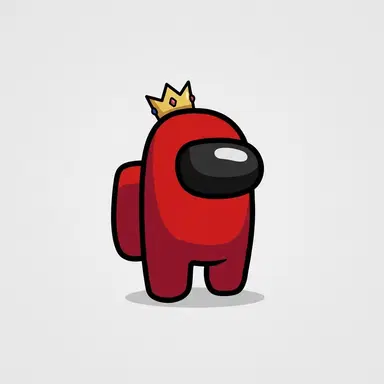 Among Us game style chibi crewmate bean, red suit with tiny crown hat, armless rounded astronaut, glossy visor, tiny legs, flat cartoon game art, clean background
